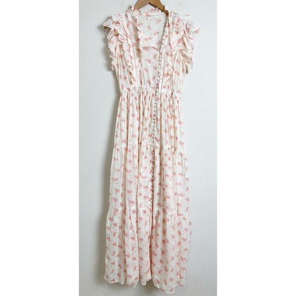 DOEN Carnation Dress Size Small White Poppy Pink Floral Maci Flutter Cotton - Picture 4 of 16